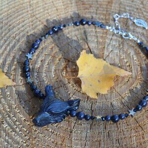 GOTH VAMPIRE WICCA SPIRIT BLUE SANDSTONE WOLF HEAD NECKLACE / CHOKER EARRINGS